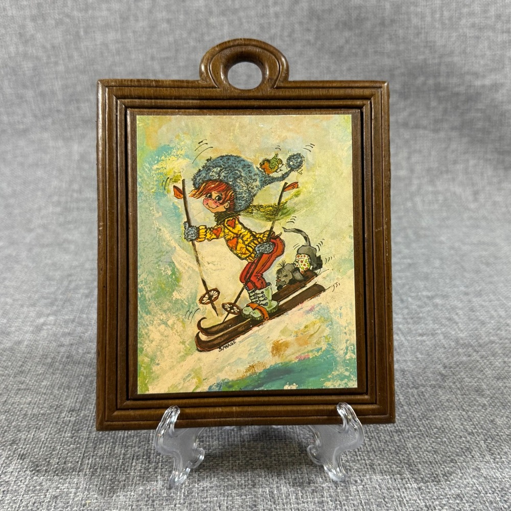 VTG Savage Skiing Girl & Dog Illustration Wall MCM Art 5x7" Whimsy Retro Kitsch